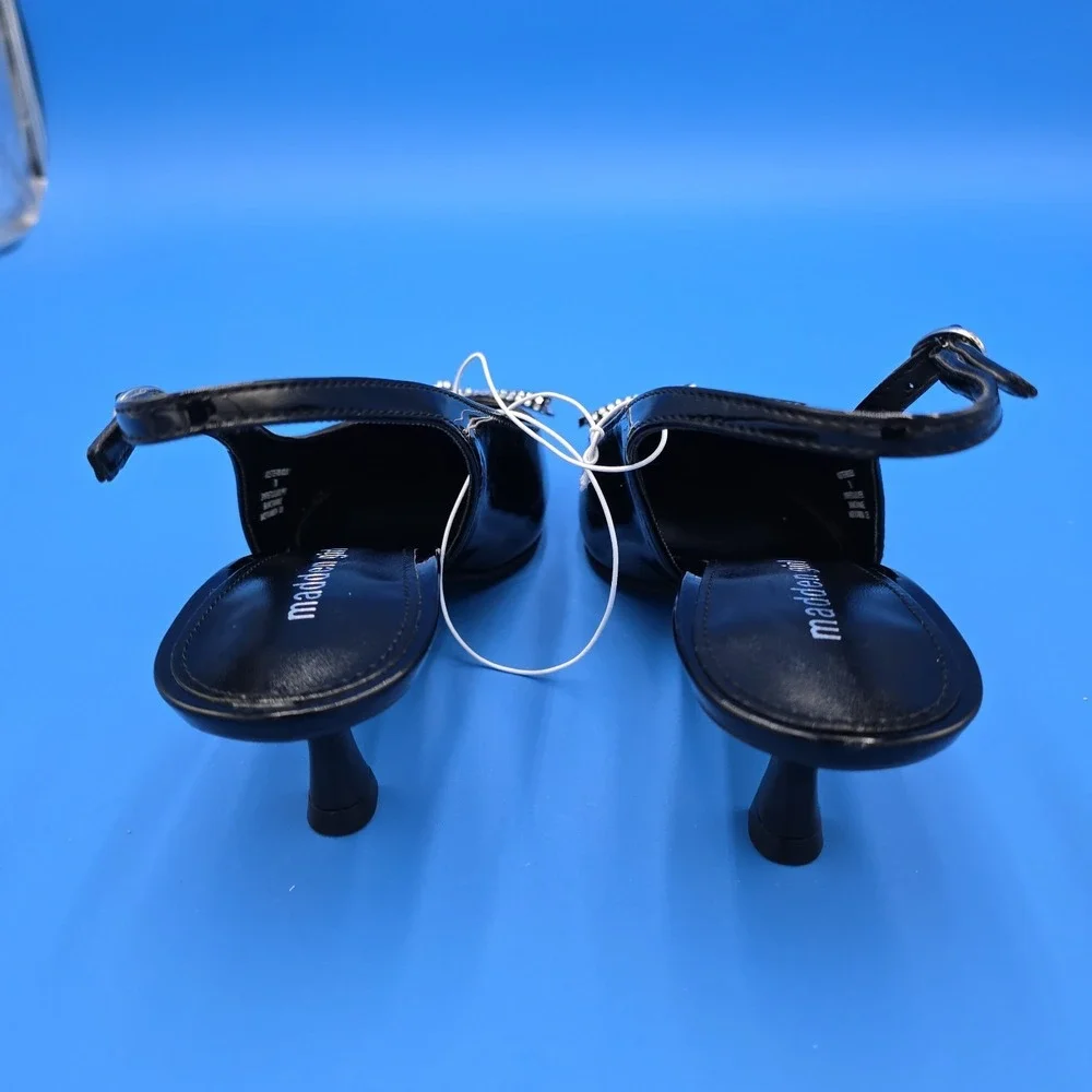 MADDEN GIRL WOMEN'S VIOLETTEE BLACK PATTENT‎ SLINGBACKS Rhinestone Bow 7M NWOB